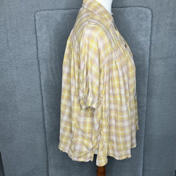 Easel Oversized Plaid Pullover Shirt Womens S Raw Hem Distressed Boho Hippie - Picture 5 of 12